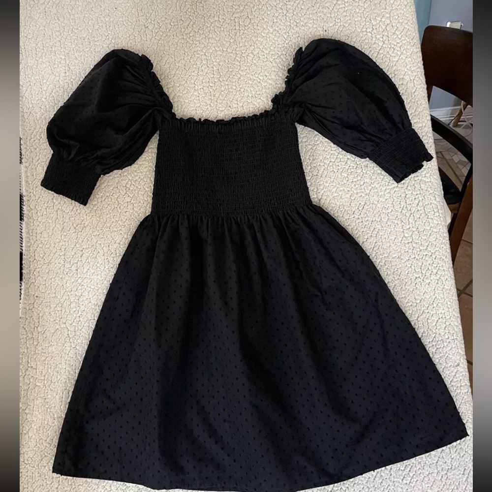 CAARA Calyso black Swiss Dot Smocked Dress Size S